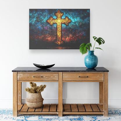 Elegant Celtic Cross Stained Glass Canvas Wall Art Vibrant Christian Decor with Intricate Patterns - Awakening Righteousness
