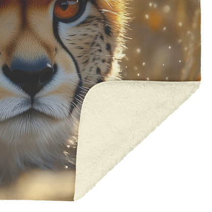 Elegant Cheetah Close-Up with Piercing Eyes in Golden Sunlight Fleece Sherpa Blanket - Awakening Righteousness