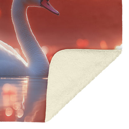 Elegant White Swan with Cherry Blossoms and Sunset Cozy Sherpa Fleece Blanket - Awakening Righteousness