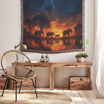 Elephant Family Walking Together Under Glowing Twilight Sky Filled with Stars Woven Throw Blanket - Awakening Righteousness