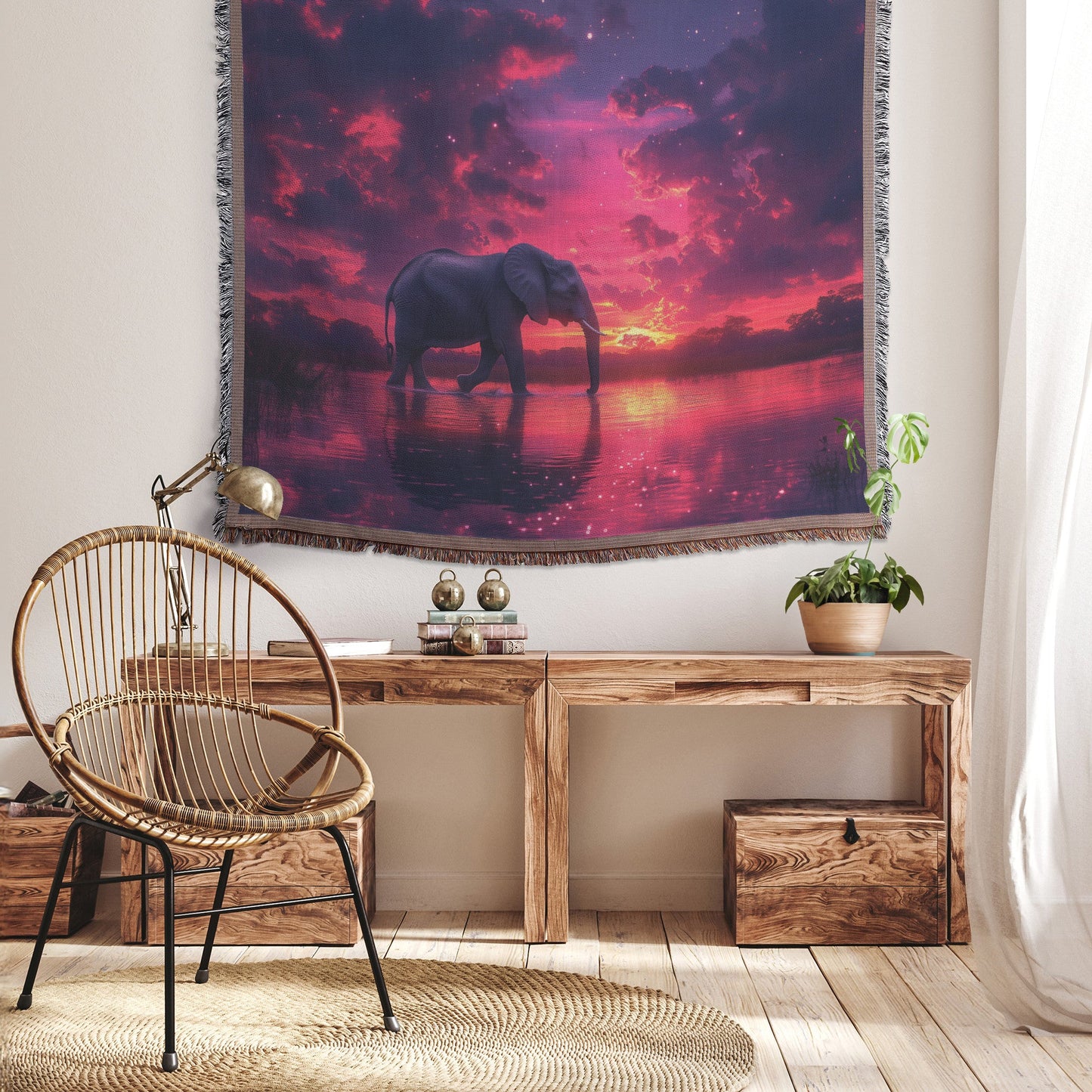 Elephant Walking Peacefully Across Glowing River Under Twilight Sky with Vibrant Water Reflection Woven Throw Blanket - Awakening Righteousness