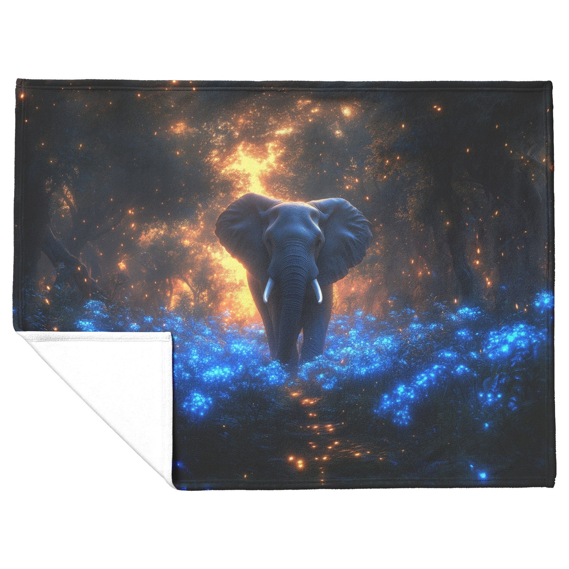 Elephant Walking Through Bioluminescent Forest Glowing Blue Plants Ethereal Light Twilight Sky Fleece Sherpa Blanket - Awakening Righteousness