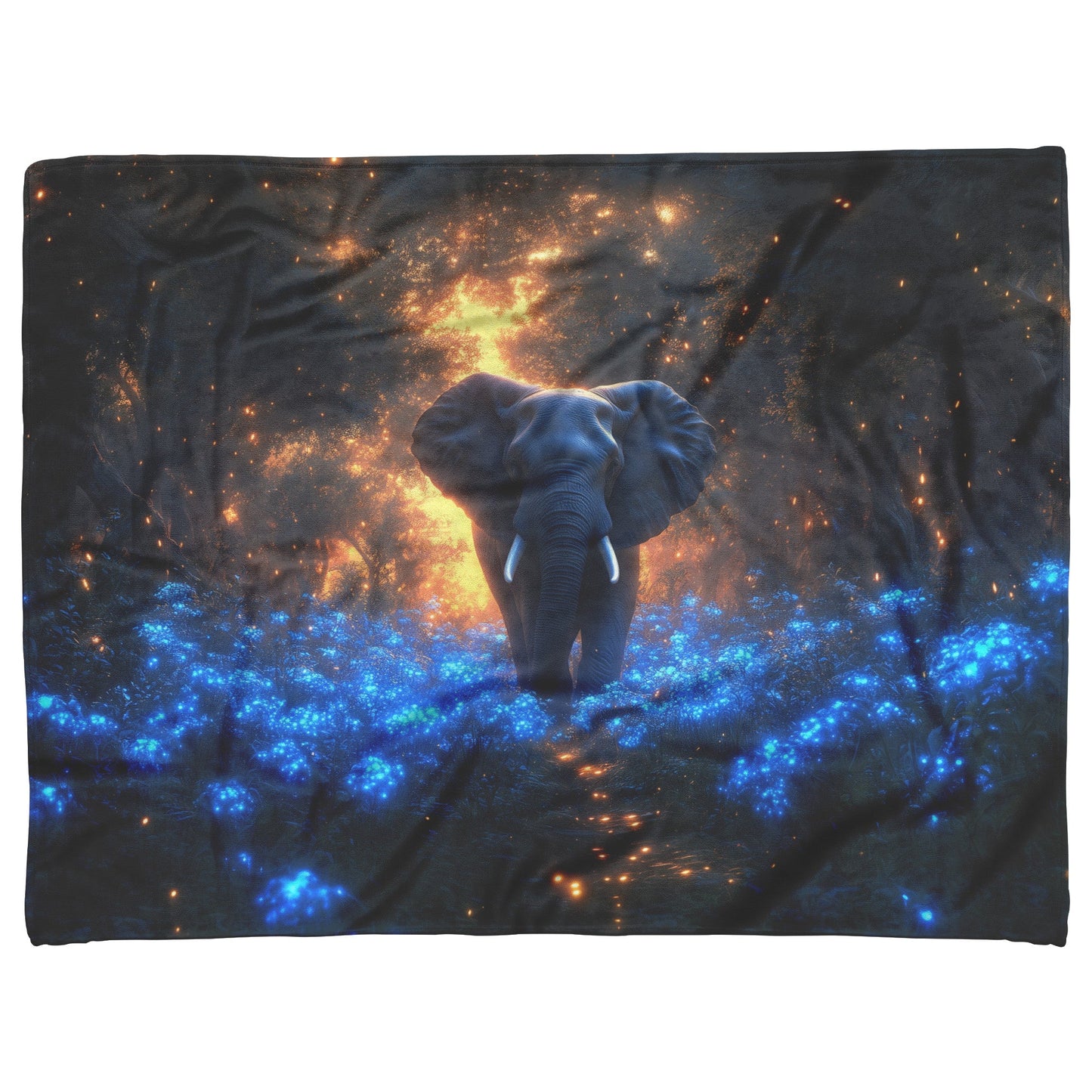 Elephant Walking Through Bioluminescent Forest Glowing Blue Plants Ethereal Light Twilight Sky Fleece Sherpa Blanket - Awakening Righteousness