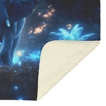Elephant Walking Through Bioluminescent Forest Glowing Blue Plants Ethereal Light Twilight Sky Fleece Sherpa Blanket - Awakening Righteousness
