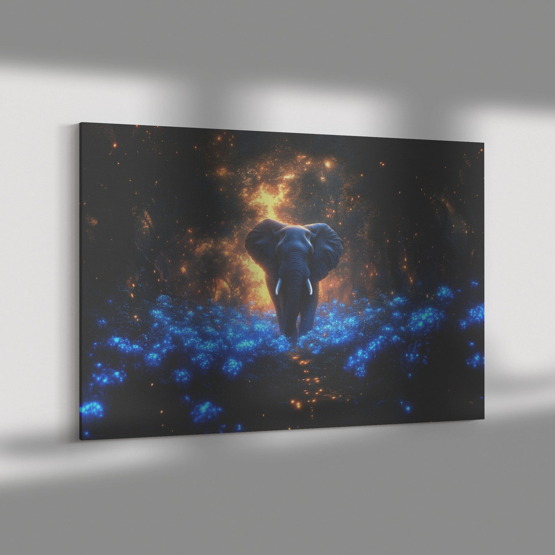 Elephant Walking Through Bioluminescent Forest with Glowing Blue Plants and Ethereal Light Under Twilight Sky Canvas Wall Art Decor - Awakening Righteousness