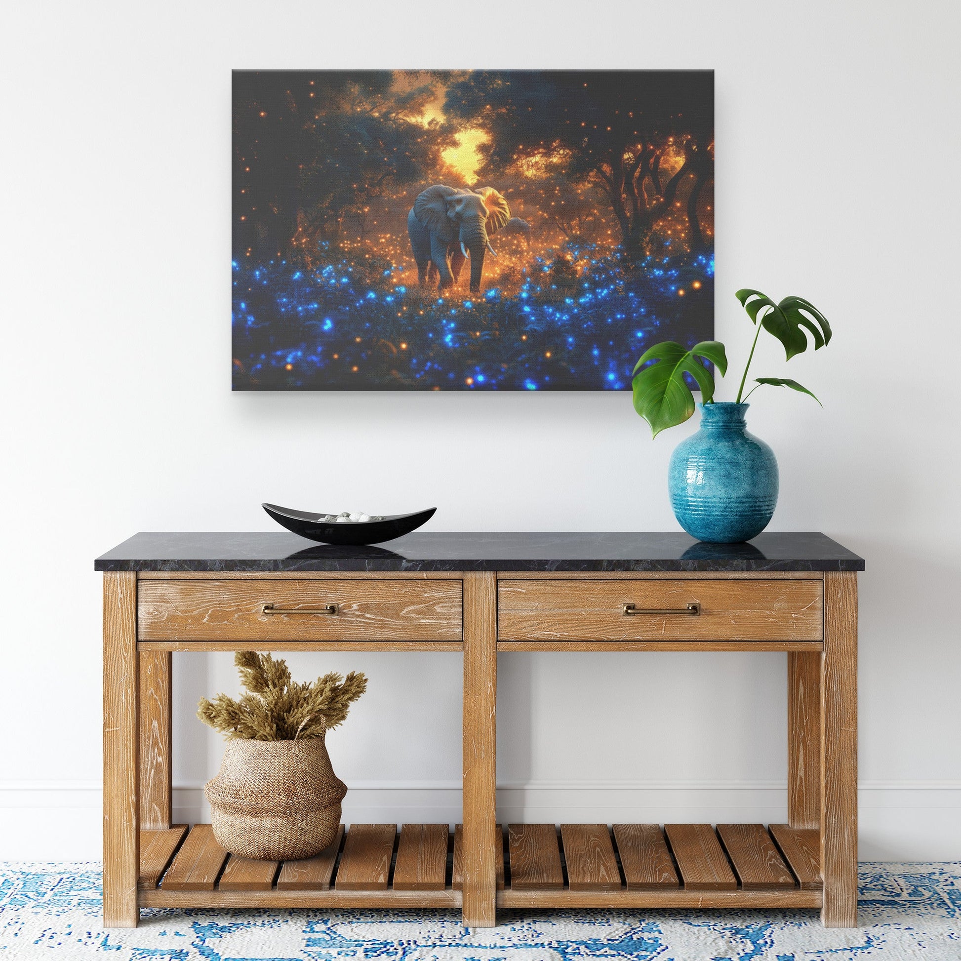Elephant Walking Through Bioluminescent Forest with Glowing Blue Plants and Ethereal Light Under Twilight Sky Canvas Wall Art Decor - Awakening Righteousness