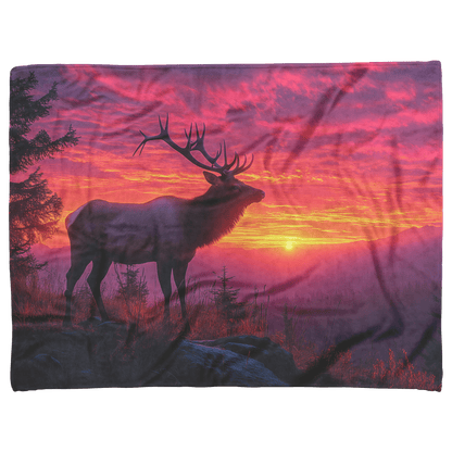 Elk Silhouetted Against Glowing Twilight Sky With Pink Purple and Orange Hues Standing on Peaceful Mountain Ridge Fleece Sherpa Blanket - Awakening Righteousness