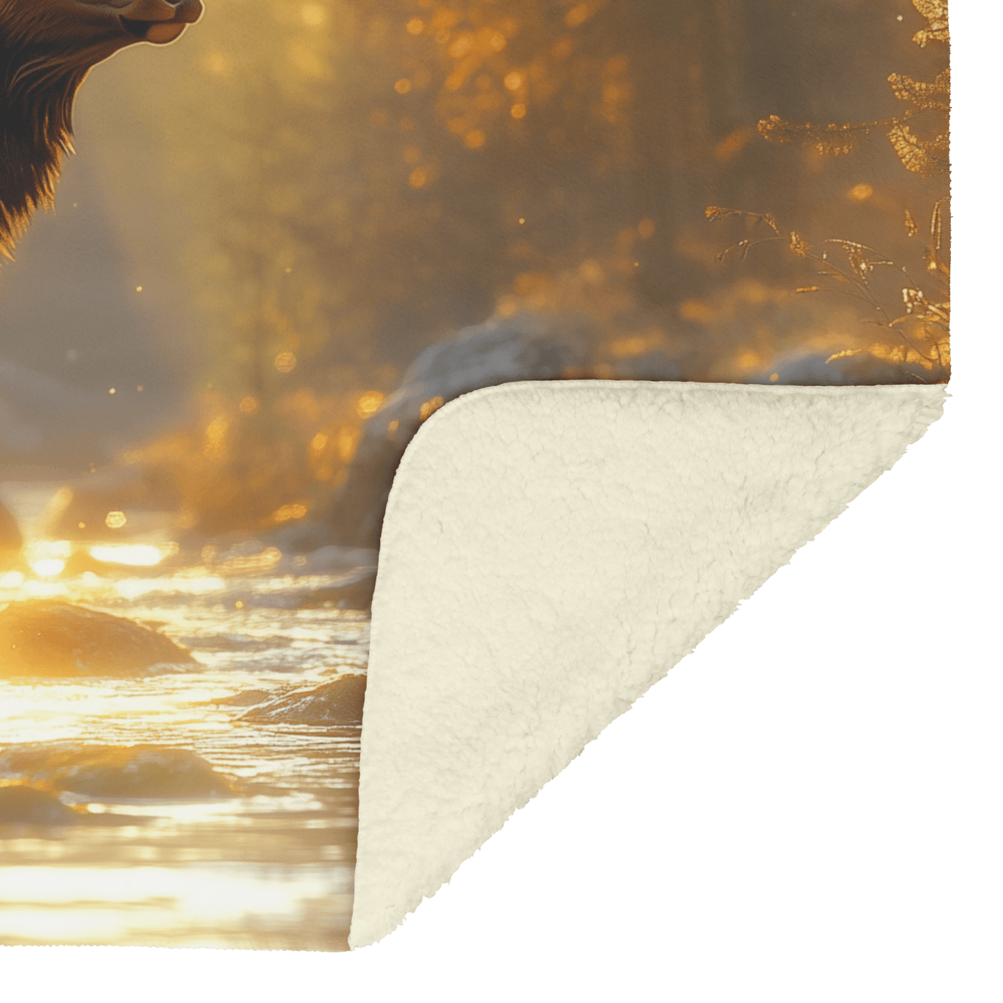 Elk Standing Near Glowing Crystal Clear Forest River Surrounded by Moss Covered Rocks and Mist Under Twilight Fleece Sherpa Blanket - Awakening Righteousness