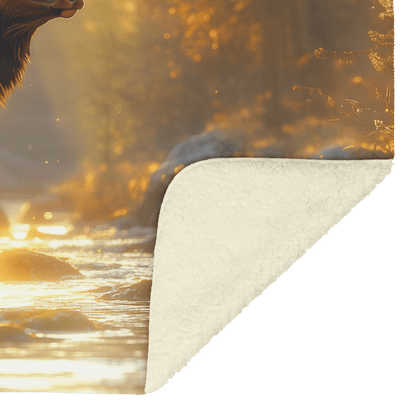 Elk Standing Near Glowing Crystal Clear Forest River Surrounded by Moss Covered Rocks and Mist Under Twilight Fleece Sherpa Blanket - Awakening Righteousness