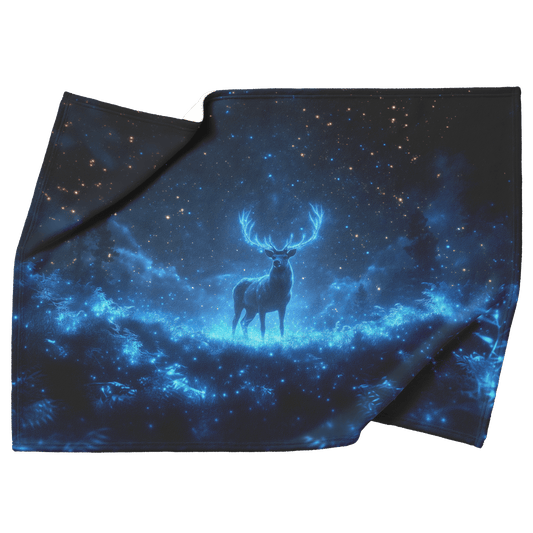Elk Standing Tall in Bioluminescent Forest Surrounded by Glowing Plants and Blue Mist Under Starry Night Sky Fleece Sherpa Blanket - Awakening Righteousness