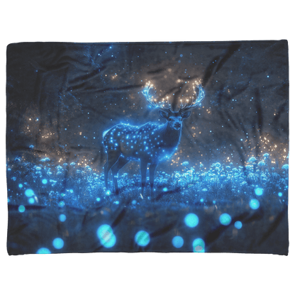 Elk Standing Tall in Bioluminescent Forest Surrounded by Glowing Plants and Blue Mist Under Starry Night Sky Fleece Sherpa Blanket - Awakening Righteousness