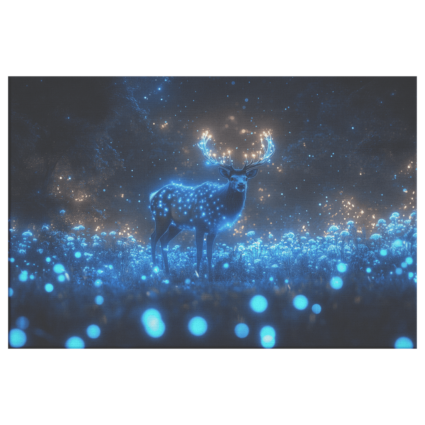 Elk Standing Tall In Bioluminescent Forest With Glowing Plants And Blue Mist Under Starry Night Sky Canvas Wall Art Decor - Awakening Righteousness