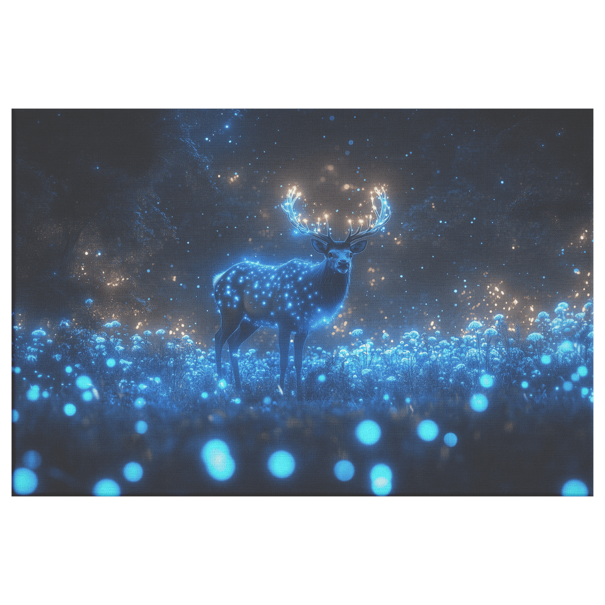 Elk Standing Tall In Bioluminescent Forest With Glowing Plants And Blue Mist Under Starry Night Sky Canvas Wall Art Decor - Awakening Righteousness