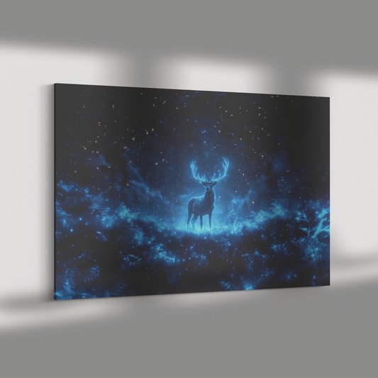 Elk Standing Tall In Bioluminescent Forest With Glowing Plants And Blue Mist Under Starry Night Sky Canvas Wall Art Decor - Awakening Righteousness
