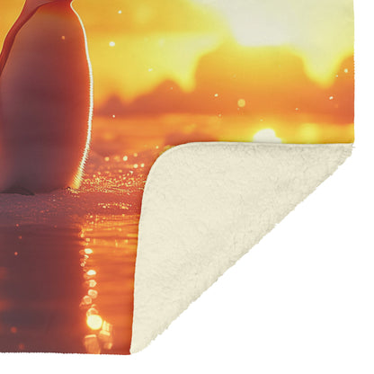 Emperor Penguins on Glowing Ice Sheet at Vibrant Golden Sunrise Fleece Sherpa Blanket Winter Wildlife Scene - Awakening Righteousness