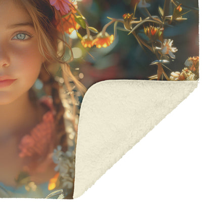 Enchanting Girl in Flower Garden Fleece Sherpa Blanket with Soft Pastels and Floral Crown - Awakening Righteousness