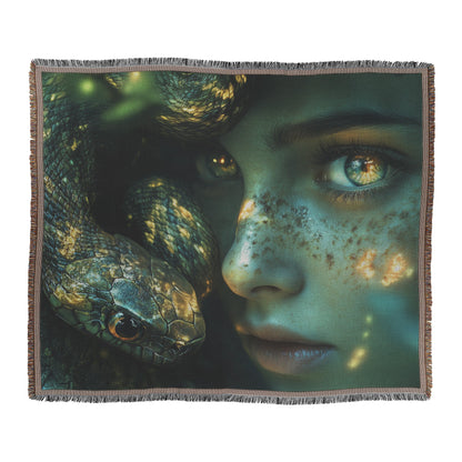 Eve and Serpent in the Garden of Eden with Glowing Eyes Woven Throw Blanket for Home Decor - Awakening Righteousness
