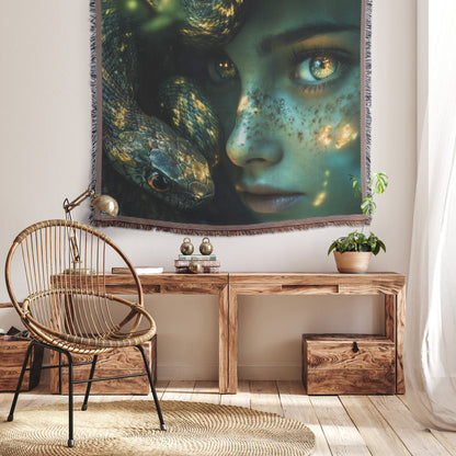 Eve and Serpent in the Garden of Eden with Glowing Eyes Woven Throw Blanket for Home Decor - Awakening Righteousness