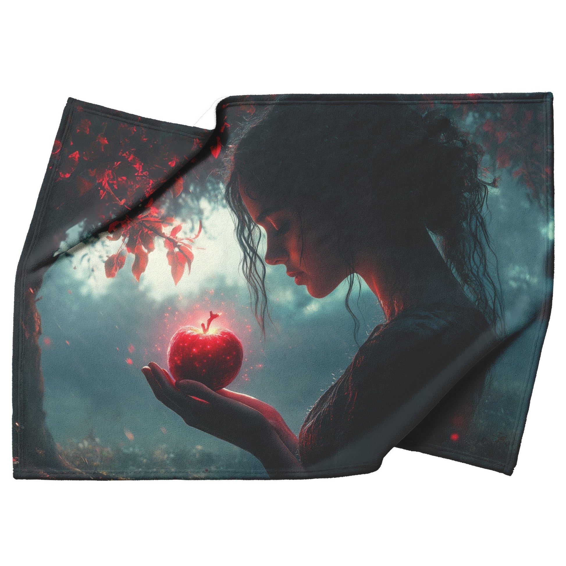Eve Holding Glowing Apple with Mystical Red Light in Dark Forest Cozy Christian Fleece Sherpa Blanket - Awakening Righteousness