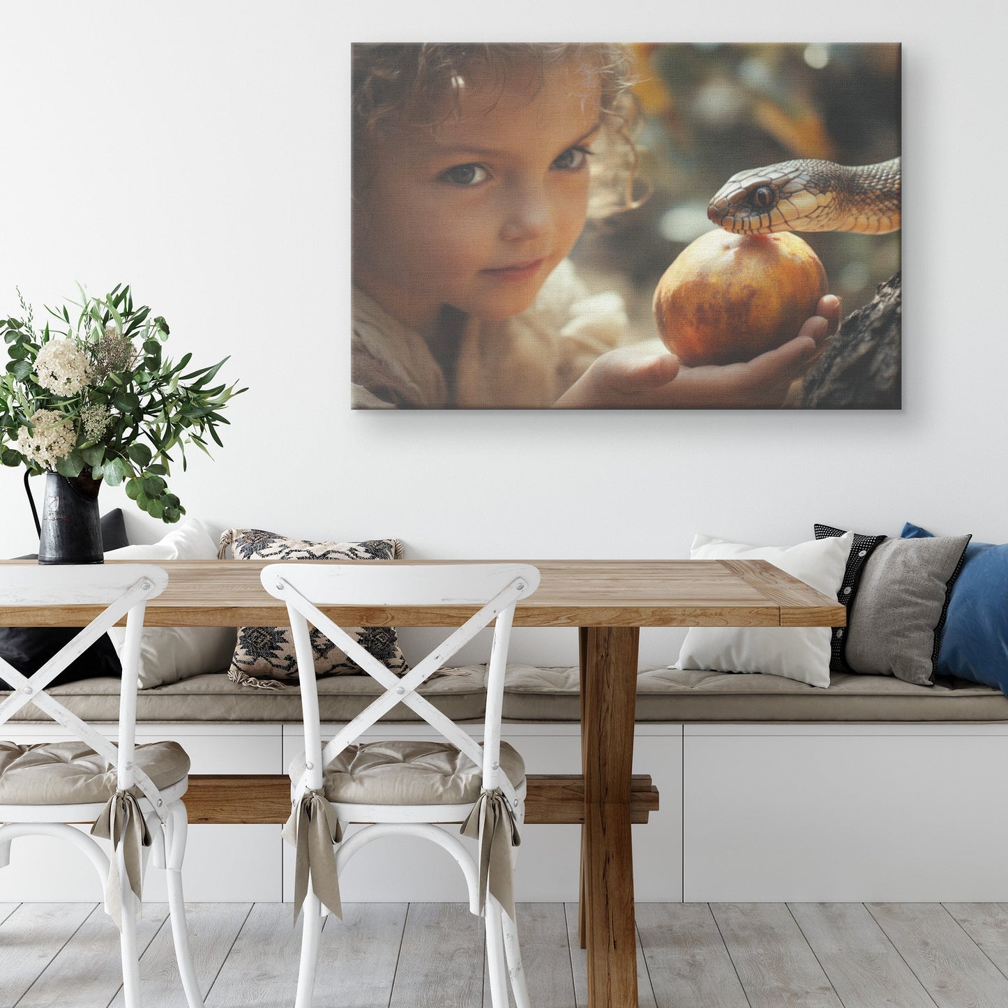 Eve Temptation Canvas Wall Art Snake with Forbidden Fruit Biblical Inspired Decor for Home or Office - Awakening Righteousness