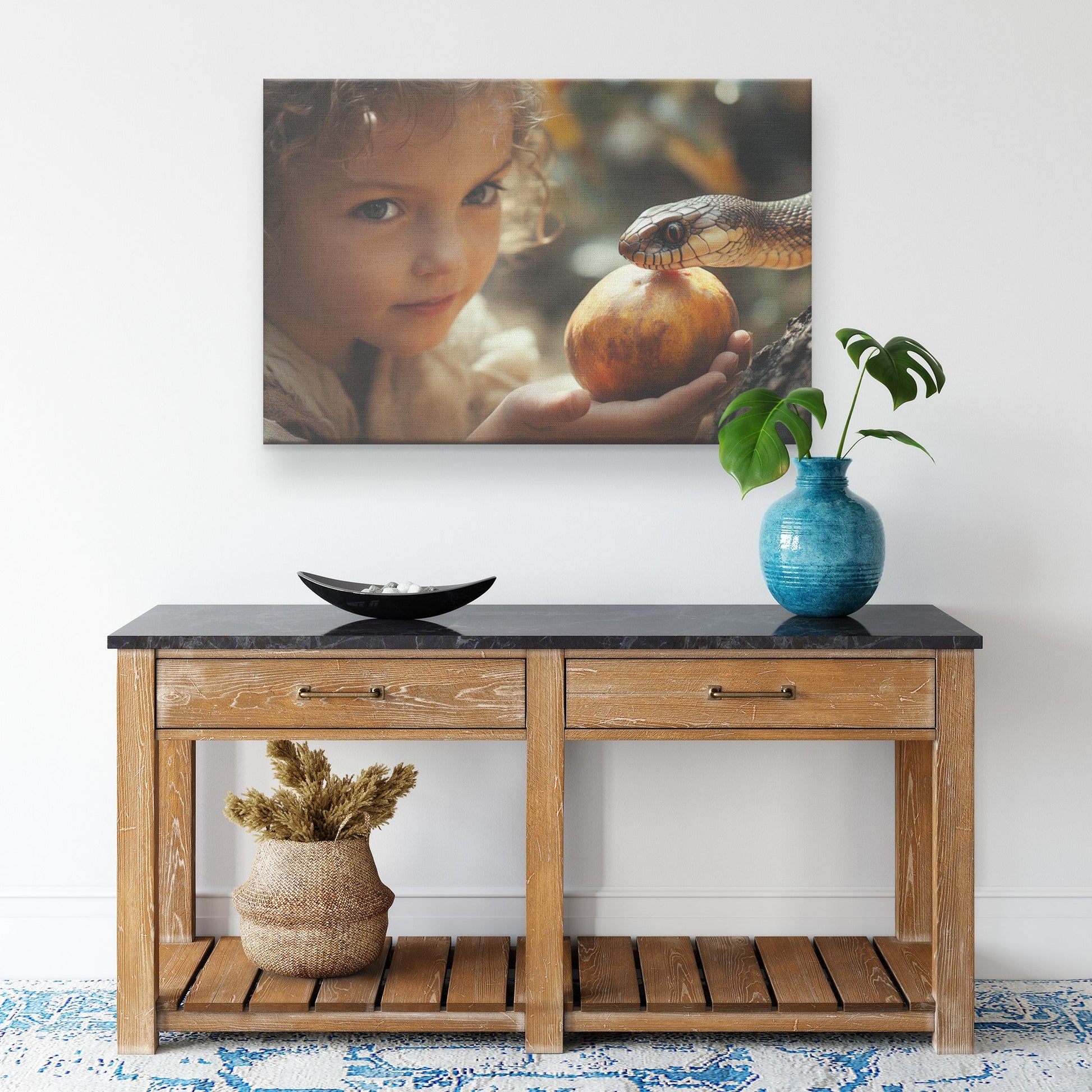 Eve Temptation Canvas Wall Art Snake with Forbidden Fruit Biblical Inspired Decor for Home or Office - Awakening Righteousness