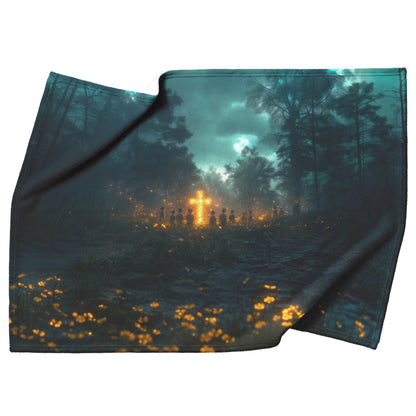 Faith in the Forest Illuminated Cross Cozy Christian Fleece Sherpa Blanket - Awakening Righteousness