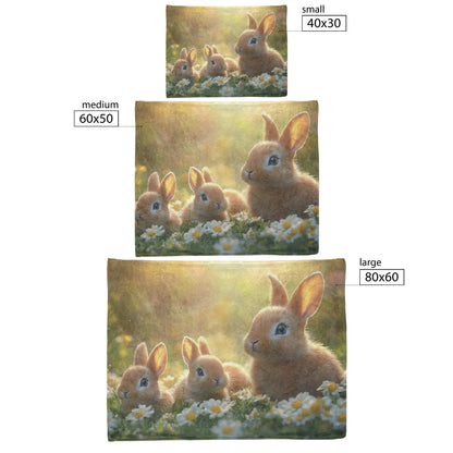 Family of Adorable Bunnies with Blue Eyes Sitting in Meadow Surrounded by Daisies Cozy Fleece Sherpa Blanket - Awakening Righteousness