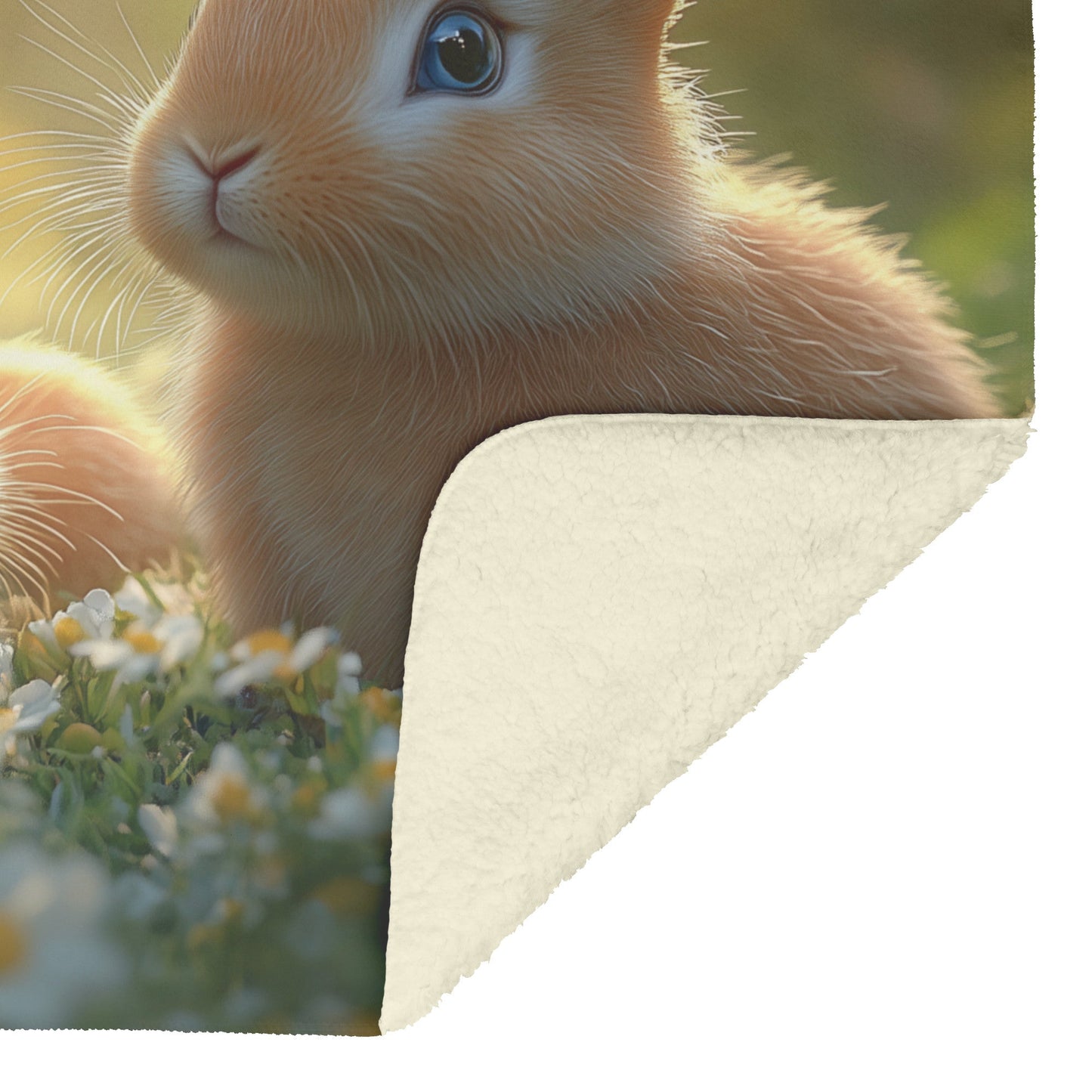 Family of Adorable Bunnies with Blue Eyes Sitting in Meadow Surrounded by Daisies Cozy Fleece Sherpa Blanket - Awakening Righteousness