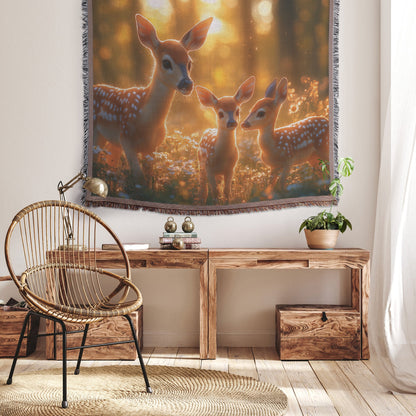 Family of Deer Grazing in Misty Meadow Surrounded by Wildflowers with Glowing Morning Light Woven Throw Blanket - Awakening Righteousness