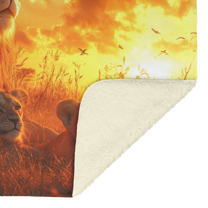 Family of Lions Lounging in Golden Grass Under Glowing Sunset Hyperrealistic Natural Scenery Sherpa Blanket - Awakening Righteousness