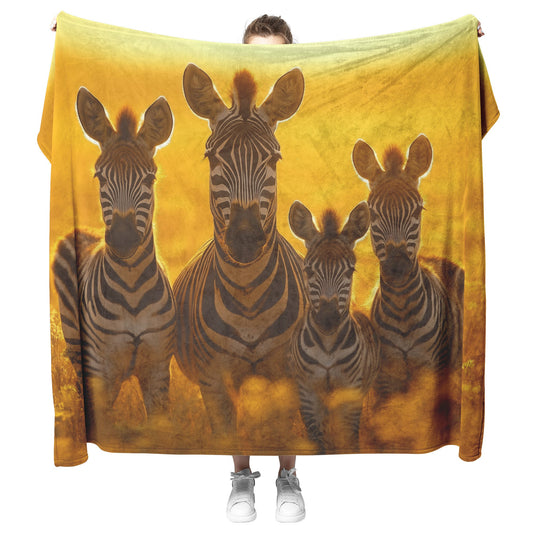 Family of Zebras Standing in Golden Field Under Warm Sunrise Soft Light Reflecting on Striped Fur Sherpa Blanket - Awakening Righteousness