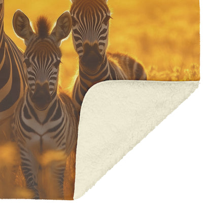 Family of Zebras Standing in Golden Field Under Warm Sunrise Soft Light Reflecting on Striped Fur Sherpa Blanket - Awakening Righteousness