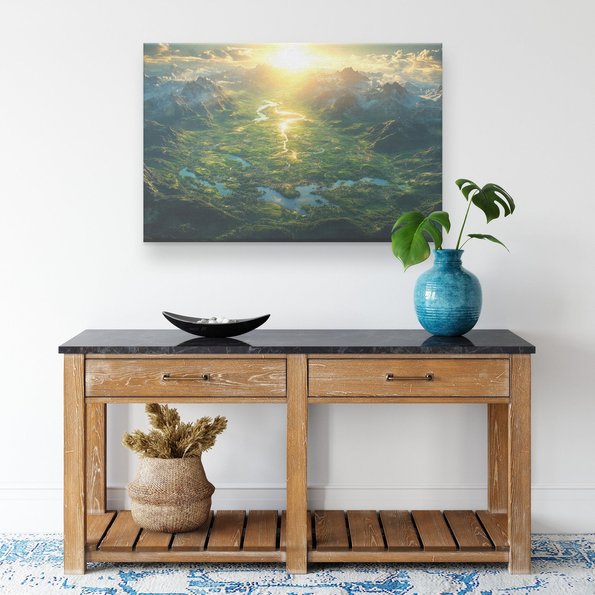 Fantasy Landscape Ancient River Lush Fields Mountains Golden Sunlight Canvas Wall Art Decor - Awakening Righteousness