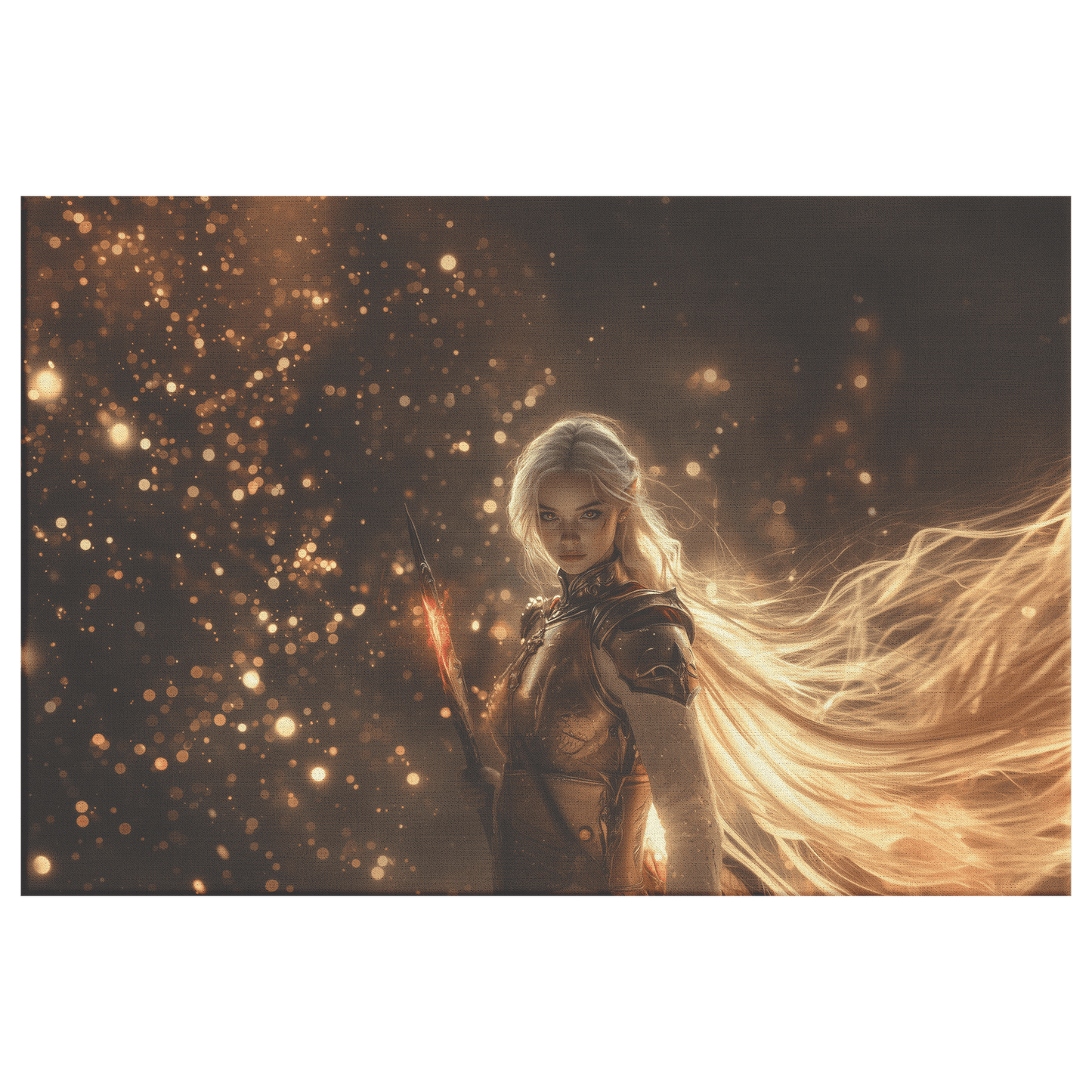 Female Blood Elf Hunter Crimson Leather Armor Glowing Bow Shimmering Golden Textures Cascading Cosmic Highlights Canvas Wall Art - Awakening Righteousness
