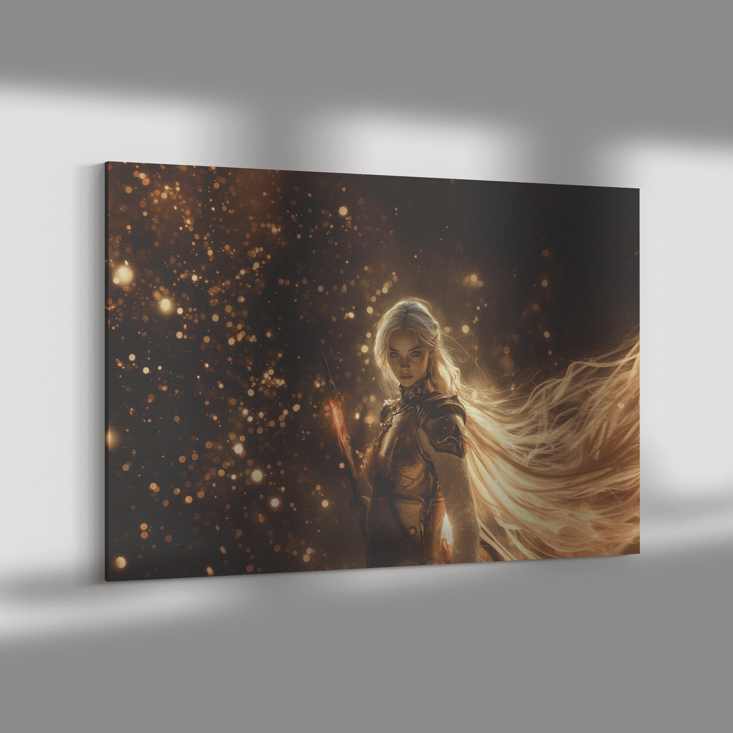 Female Blood Elf Hunter Crimson Leather Armor Glowing Bow Shimmering Golden Textures Cascading Cosmic Highlights Canvas Wall Art - Awakening Righteousness