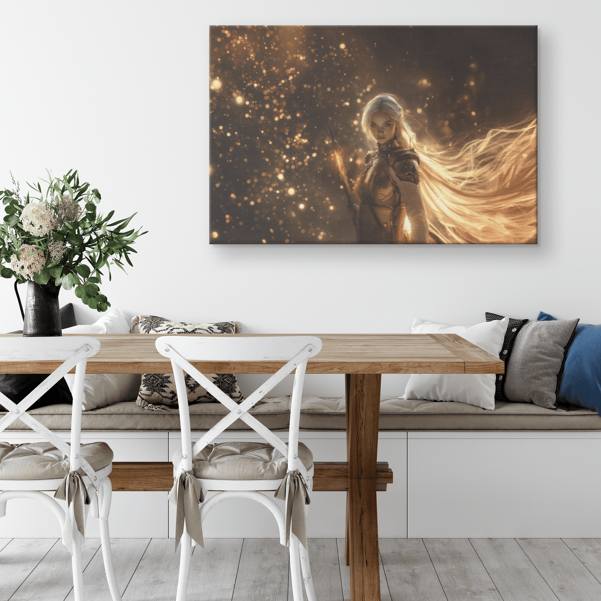 Female Blood Elf Hunter Crimson Leather Armor Glowing Bow Shimmering Golden Textures Cascading Cosmic Highlights Canvas Wall Art - Awakening Righteousness