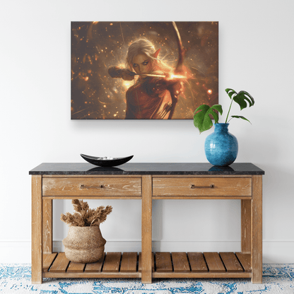 Female Blood Elf Hunter in Crimson Leather Armor Wielding Glowing Bow Shimmering Golden Textures Cosmic Highlights Canvas Wall Art - Awakening Righteousness