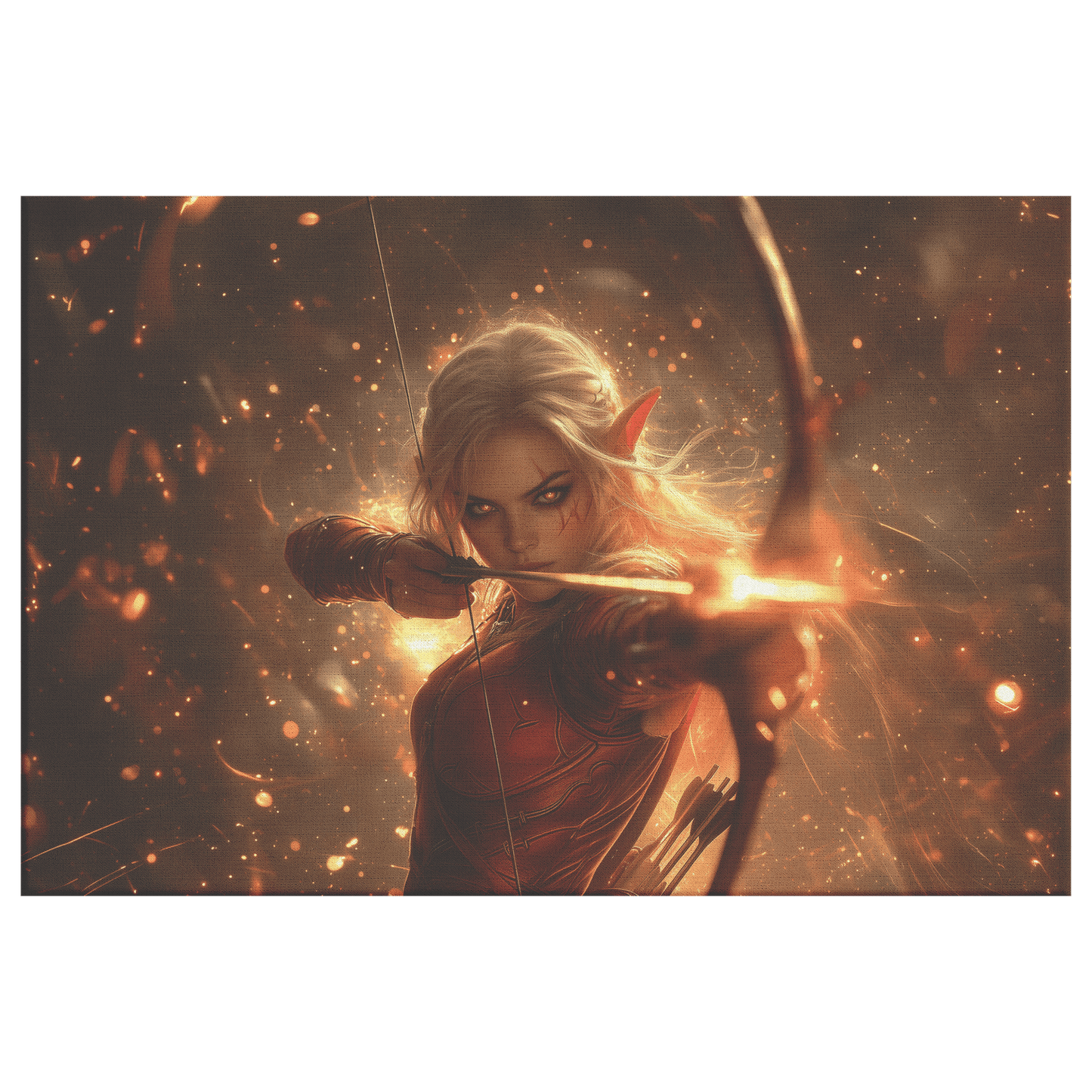 Female Blood Elf Hunter in Crimson Leather Armor Wielding Glowing Bow Shimmering Golden Textures Cosmic Highlights Canvas Wall Art - Awakening Righteousness