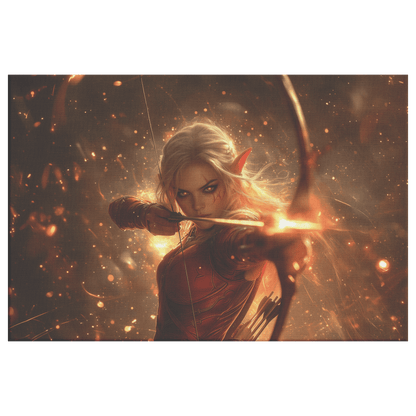 Female Blood Elf Hunter in Crimson Leather Armor Wielding Glowing Bow Shimmering Golden Textures Cosmic Highlights Canvas Wall Art - Awakening Righteousness