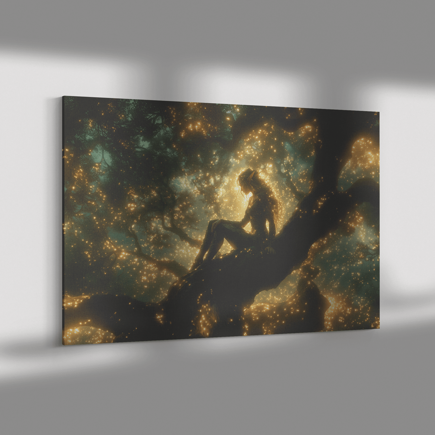Female Blood Elf Hunter Perched on Treetop Shimmering Green Textures Cascading Golden Highlights Canvas Wall Art - Awakening Righteousness