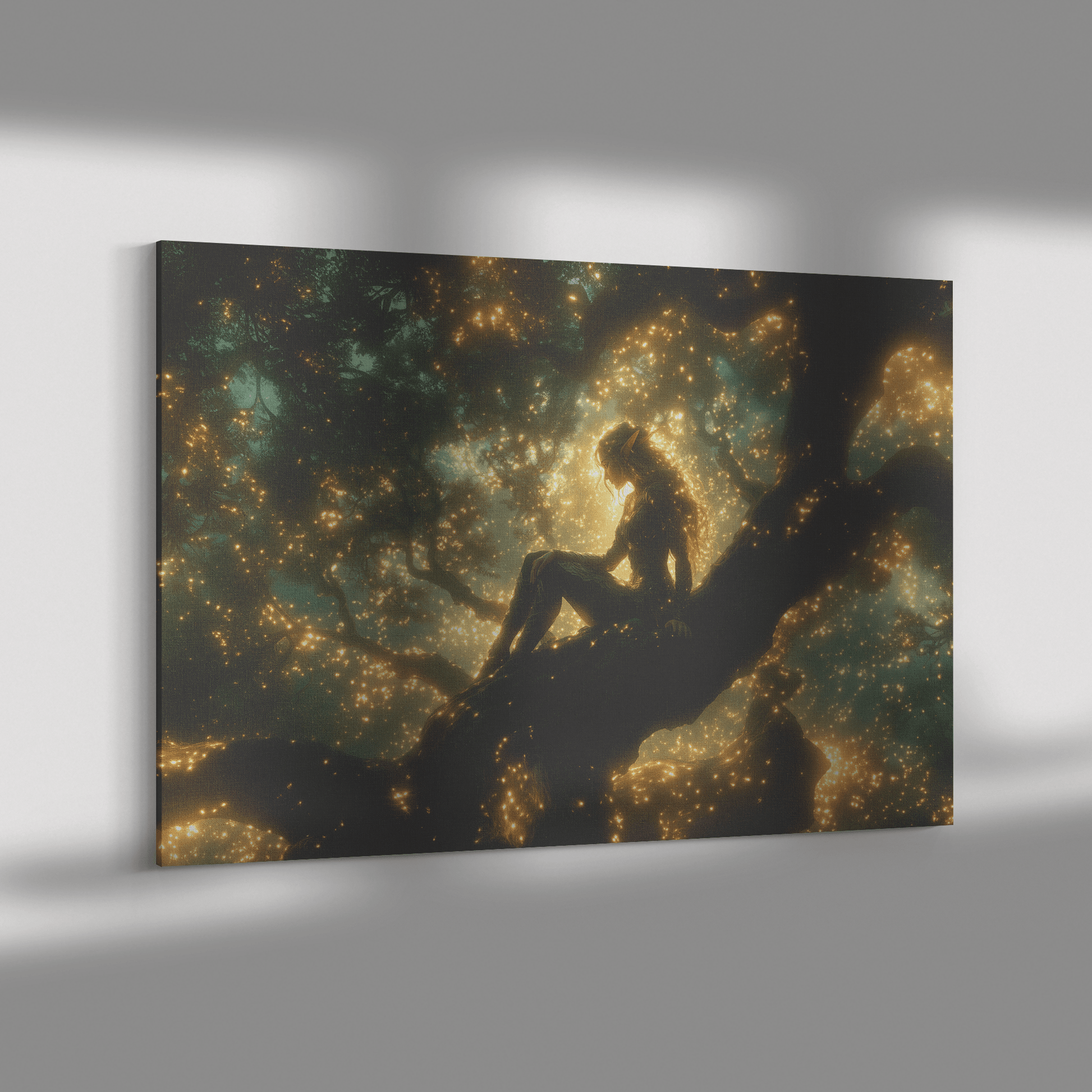 Female Blood Elf Hunter Perched on Treetop Shimmering Green Textures Cascading Golden Highlights Canvas Wall Art - Awakening Righteousness
