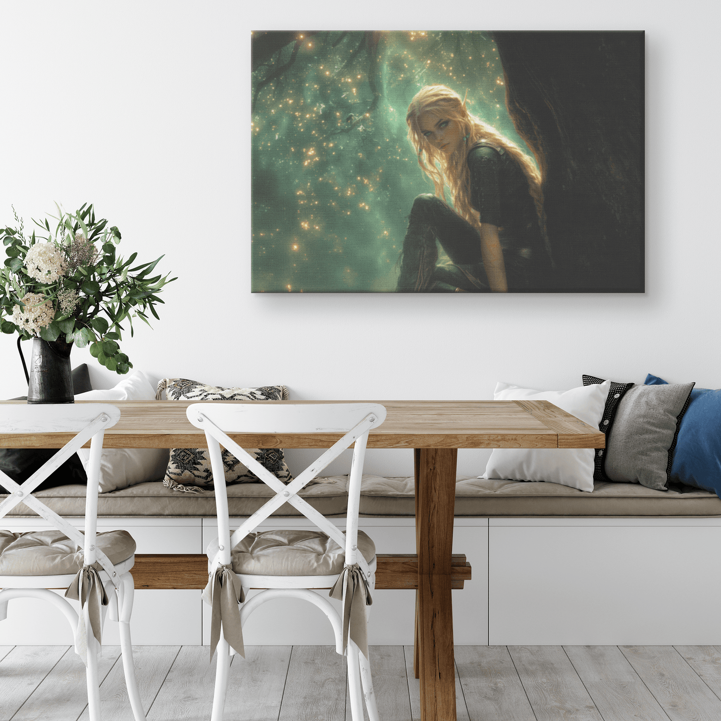 Female Blood Elf Hunter Perched on Treetop Shimmering Green Textures Cascading Golden Highlights Canvas Wall Art - Awakening Righteousness