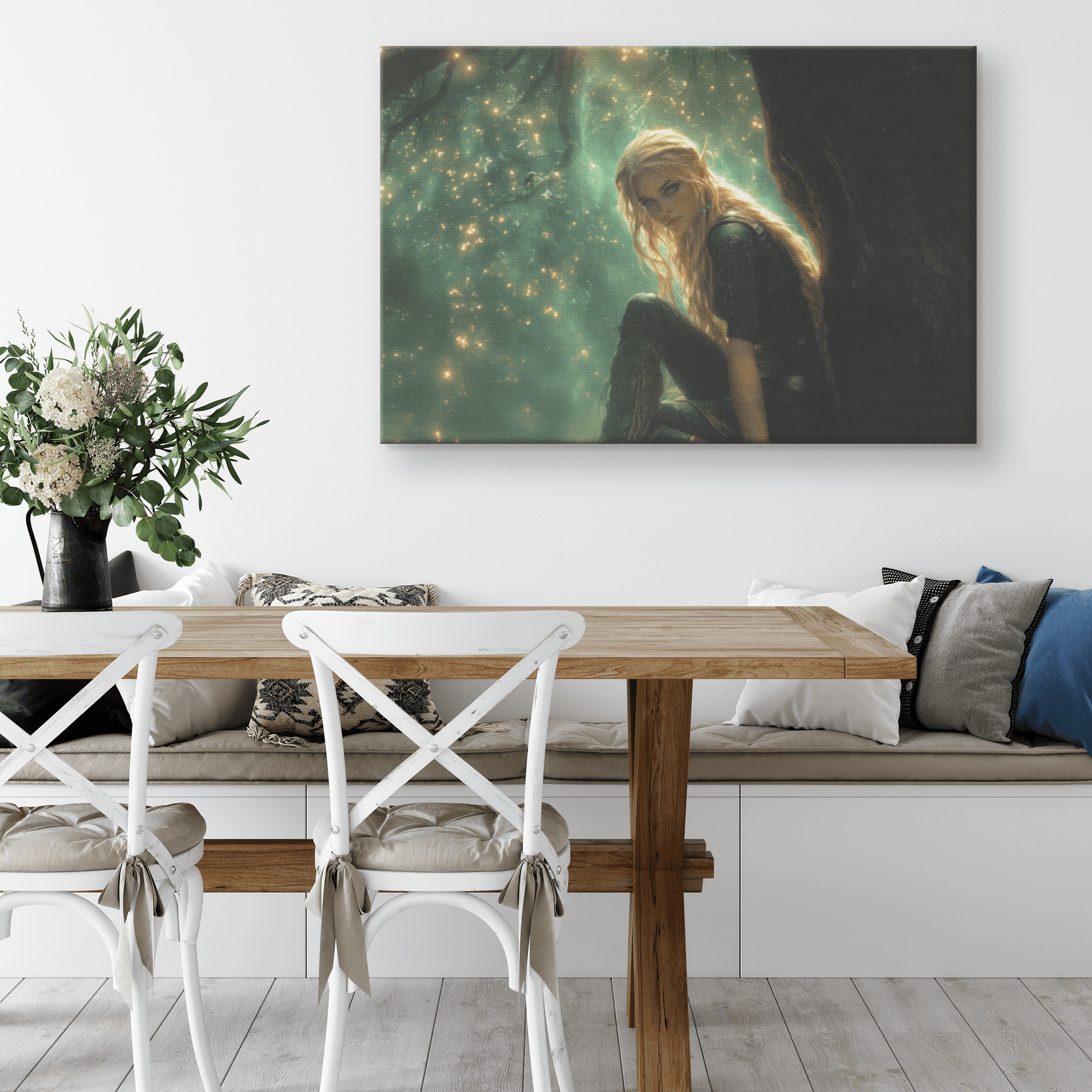 Female Blood Elf Hunter Perched on Treetop Shimmering Green Textures Cascading Golden Highlights Canvas Wall Art - Awakening Righteousness