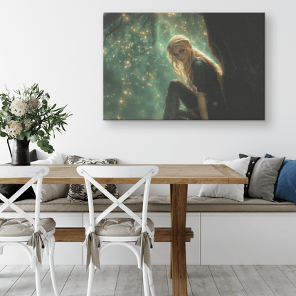 Female Blood Elf Hunter Perched on Treetop Shimmering Green Textures Cascading Golden Highlights Canvas Wall Art - Awakening Righteousness