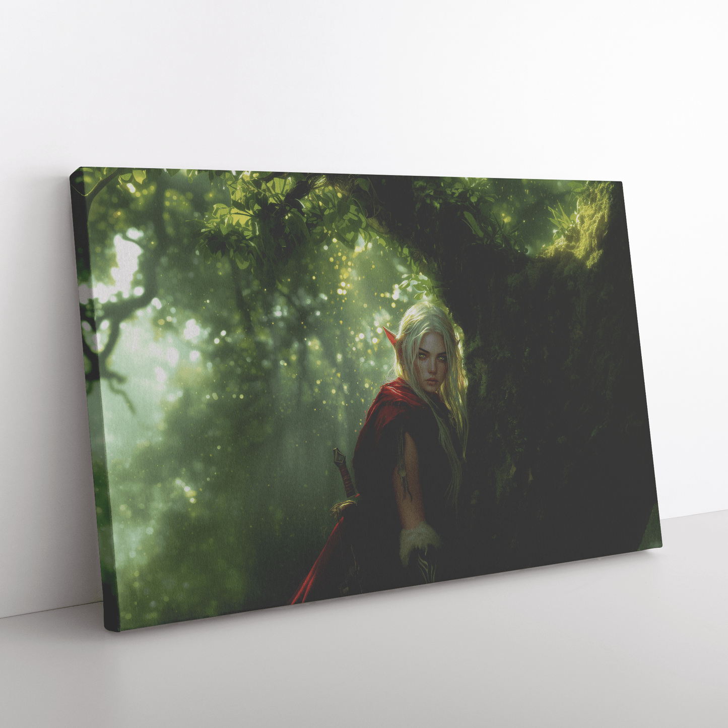 Female Blood Elf Hunter Perched on Treetop Shimmering Green Textures Cascading Golden Highlights Canvas Wall Art - Awakening Righteousness