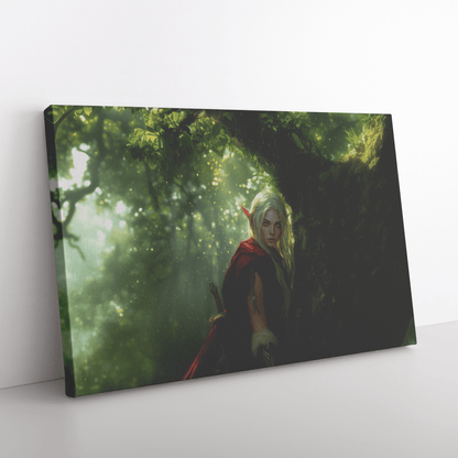 Female Blood Elf Hunter Perched on Treetop Shimmering Green Textures Cascading Golden Highlights Canvas Wall Art - Awakening Righteousness