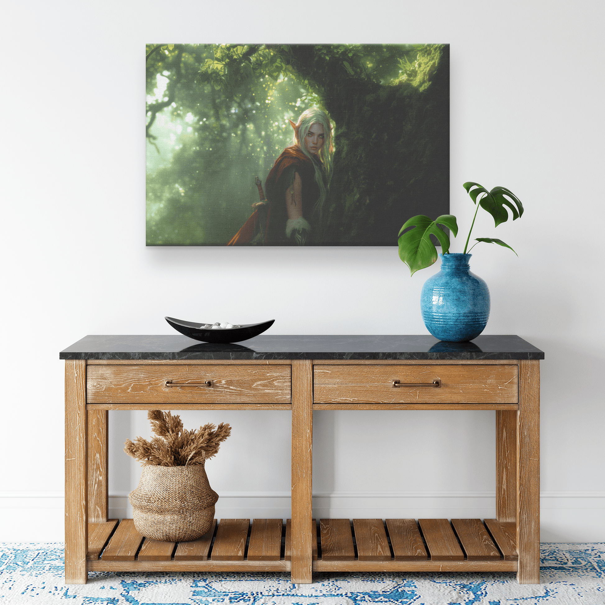Female Blood Elf Hunter Perched on Treetop Shimmering Green Textures Cascading Golden Highlights Canvas Wall Art - Awakening Righteousness