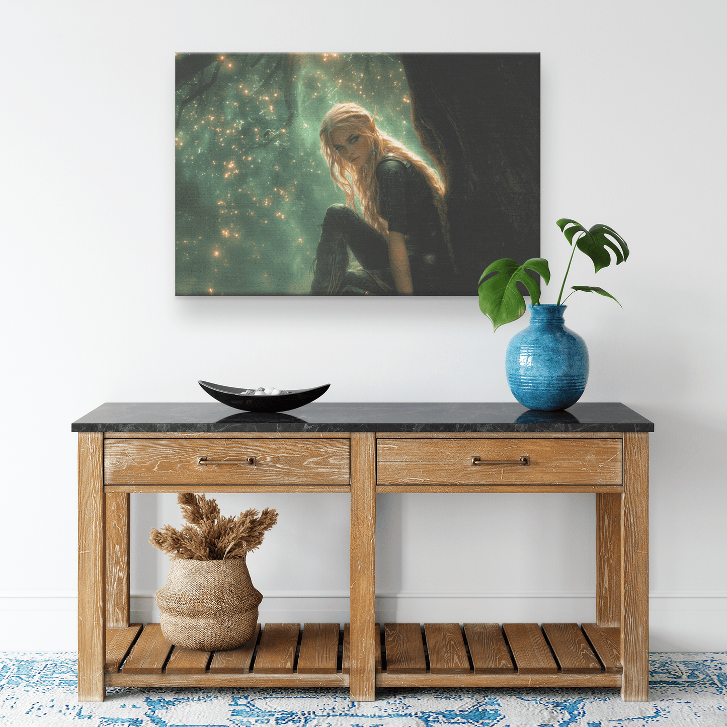 Female Blood Elf Hunter Perched on Treetop Shimmering Green Textures Cascading Golden Highlights Canvas Wall Art - Awakening Righteousness