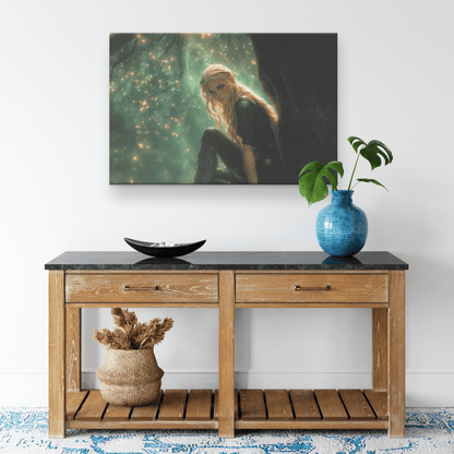 Female Blood Elf Hunter Perched on Treetop Shimmering Green Textures Cascading Golden Highlights Canvas Wall Art - Awakening Righteousness