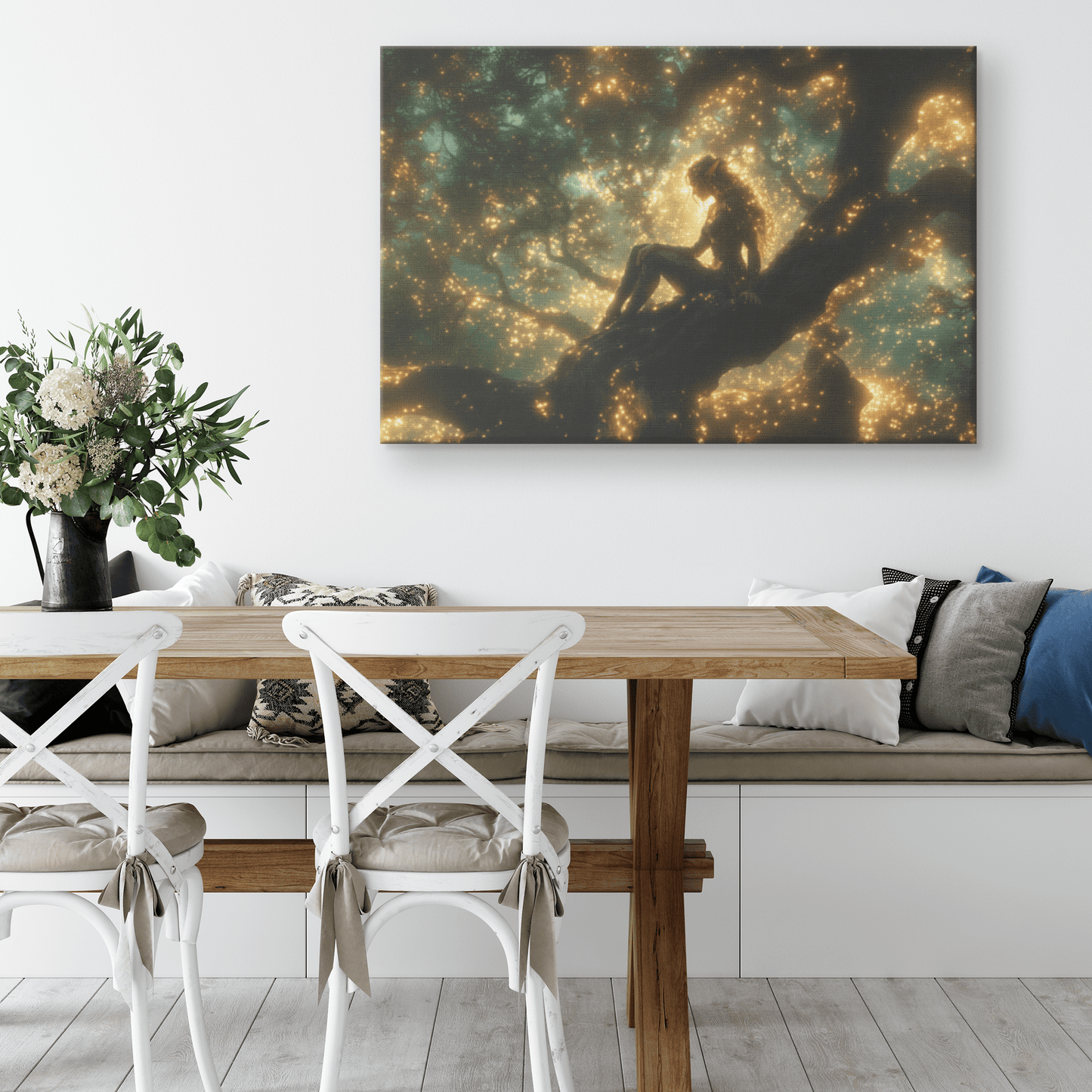 Female Blood Elf Hunter Perched on Treetop Shimmering Green Textures Cascading Golden Highlights Canvas Wall Art - Awakening Righteousness